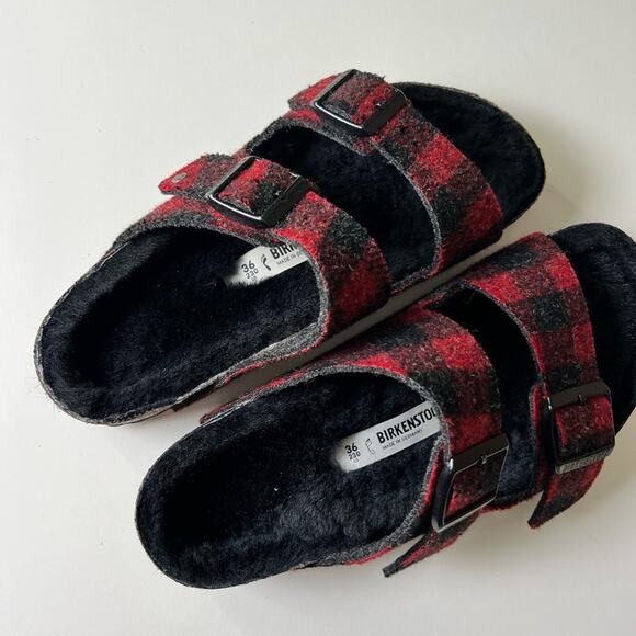 Birkenstock Arizona Shearling Red Plaid Wool 5 - Picture 10 of 11